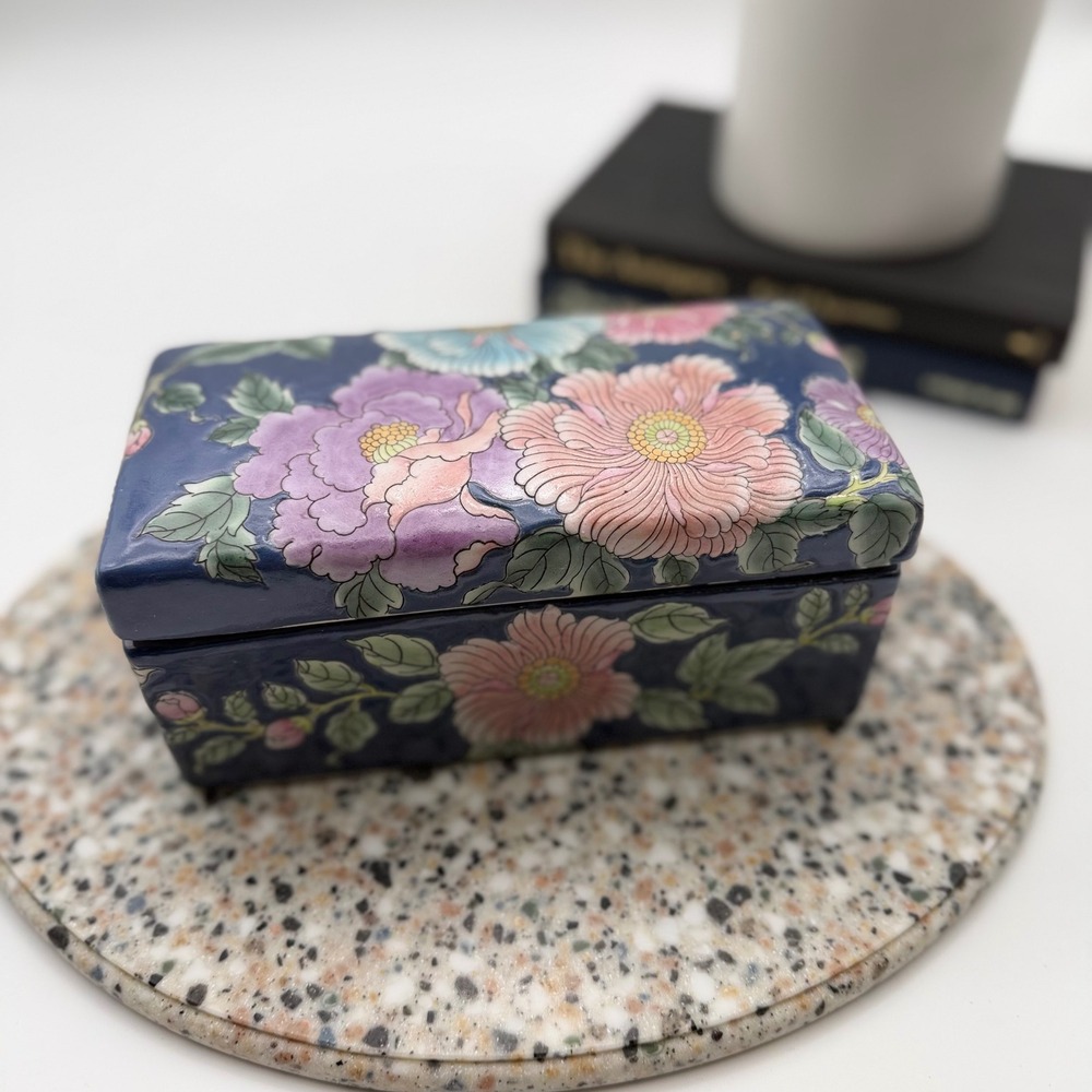 Vintage Macau Porcelain Hand Painted Floral Trinket Box Blue Peony Decorative